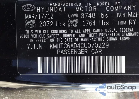 2012 Hyundai Veloster Base W/Black z USA, uszkodzony, nr VIN KMHTC6AD4CU070229